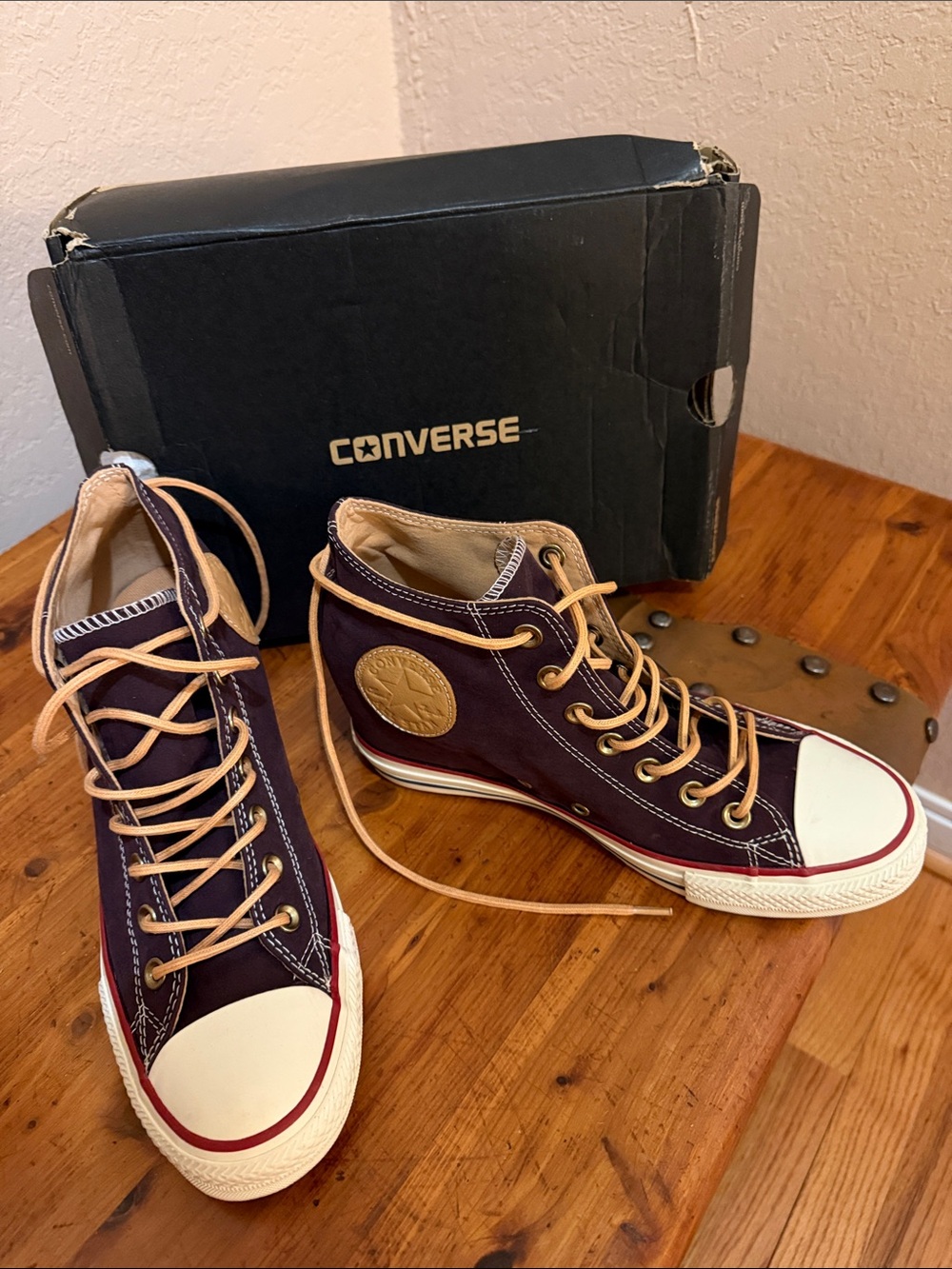 Converse Wedge  High-Top Sneakers in Burgundy with Tan Accents NEVER WORN